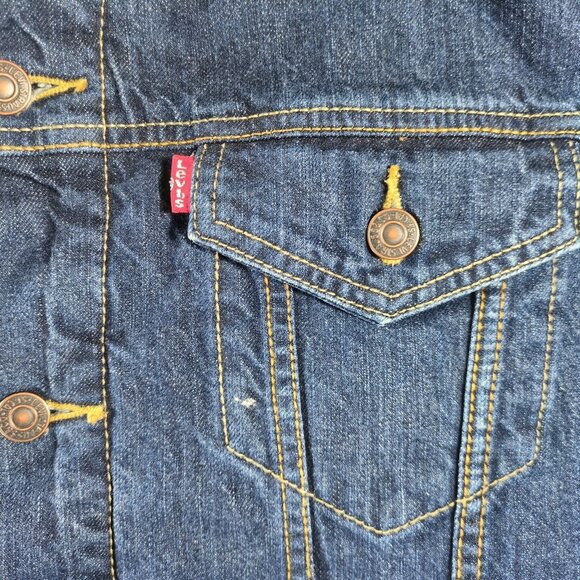 Levi’s Sherpa Denim Jacket Mens M Blue Faux Shearling Trucker Dark Wash Western - Picture 7 of 10